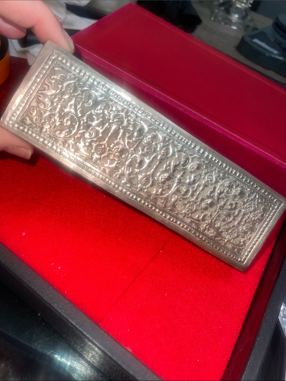 Cambodian Trinket Box - T90 Silver over Copper - 6 1/2” X 2” X 1” high